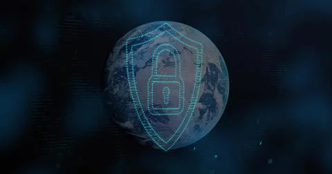 Presenting glowing shield enclosing padlock over planet Earth in dark space, 스톡 일러스트