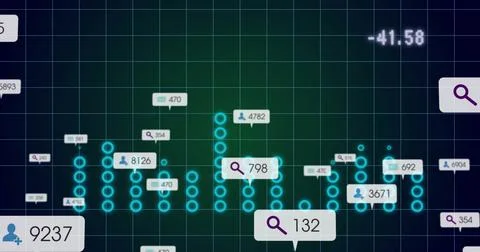 Presenting glowing turquoise circle chart on grid dashboard, with numeric Stock Photos
