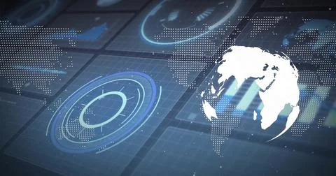 Presenting glowing white globe on right of grid dashboard with dotted map Illustrazione stock