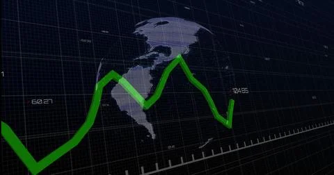 Presenting green zigzag line graph with numeric labels on semi-transparent globe Stock Illustration