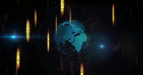 Presenting holographic Earth hovering in panel with orbit lines, numbers golden 스톡 일러스트