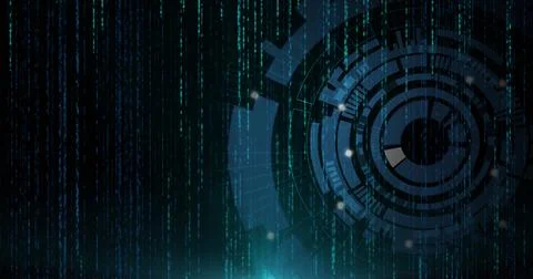 Presenting HUD overlaying code streams in cyberspace, with gears and glowing Illustrazione stock