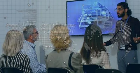 Presenting Indian presenter gesturing at blueprint screen with map overlay in Foto stock