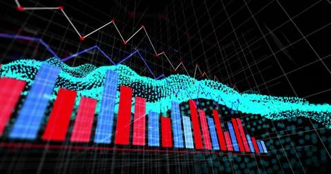 Presenting layered data visualization in 3D space, with red blue bars, teal 스톡 일러스트