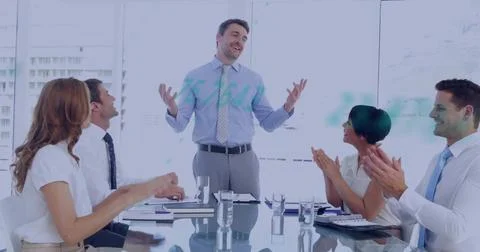 Presenting male manager gesturing with both hands at conference room windows, Stock Photos