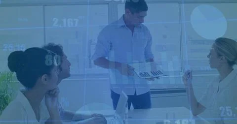 Presenting man in button-down shirt displaying bar chart on tablet at conference Stock Photos