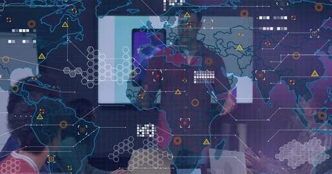 Presenting man in button-up shirt pointing at projected map in boardroom, Stock Photos