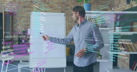 Presenting man in light-blue shirt and glasses, pointing at flipchart in office Stock Photos