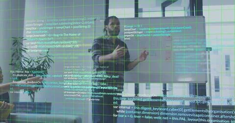 Presenting man in plaid-jacket gesturing toward team in meeting with code on Foto stock