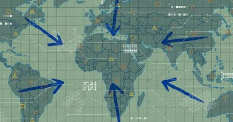 Presenting map showing arrows converging on central Africa on grid background, Illustrazione stock