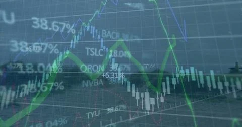 Presenting market data overlaying dock with trend line, bars, lines, Stock Photos