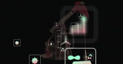 Presenting mechanical pump jack pumping oil in digital void, with neon CO2 Stock Photos