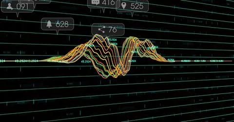 Presenting multicolored waveform graph streaming across dashboard, with UI icons Stock Photos