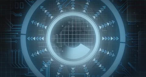 Presenting neon-blue interface hovering on virtual control panel, with Stock Illustration