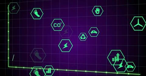 Presenting neon green line graph and hex icons tracking sustainability on purple Stock Illustration