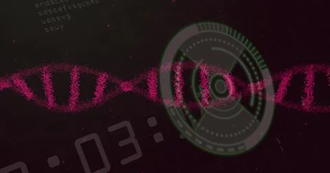 Presenting pink DNA double helix stretching in grid interface with green Stock Illustration