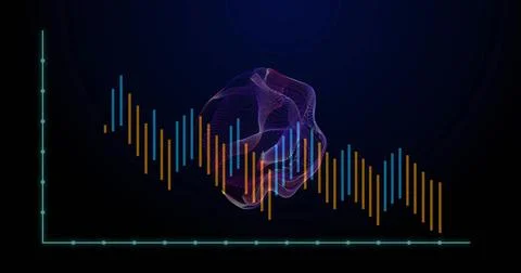 Presenting purple-pink mesh floating over cyan and orange bar chart on dark Ilustração Stock