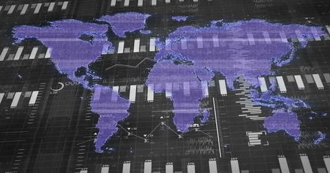 Presenting purple world map in dashboard with overlaid bar charts, line graphs Stock Photos