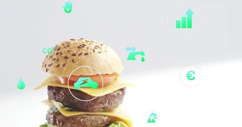 Presenting seeded double cheeseburger stacked on bright studio surface, showing Stock Photos