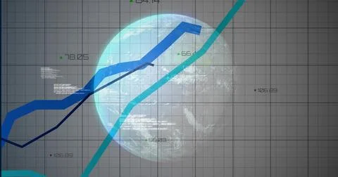 Presenting semi-transparent globe centered on grid with line charts, data lab Stock Photos