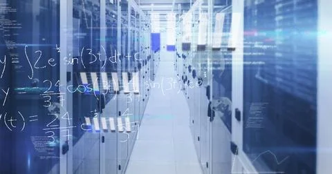 Presenting server aisle in server room showing code overlays and LED lights, Foto stock