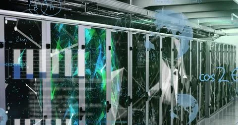 Presenting server racks showing LED lights in data center corridor, with cable Stock Photos