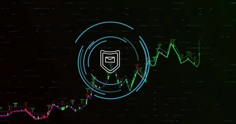 Presenting shield envelope icon floating in dark code interface, with zigzag Illustrazione stock