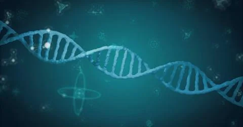 Presenting stylized blue DNA double helix in abstract lab with glowing molecular Stock Illustration
