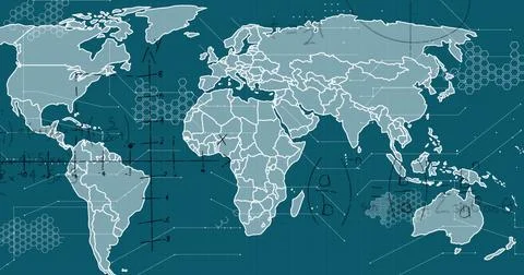 Presenting stylized world map of continents on digital display, with math 스톡 일러스트