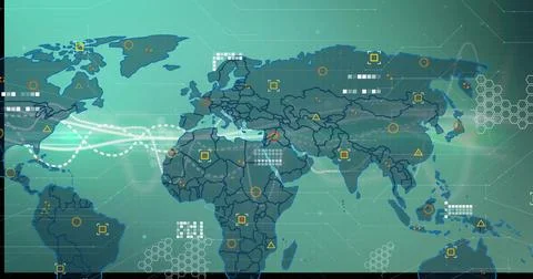 Presenting stylized world map in UI style, with dotted route lines, data Illustrazione stock