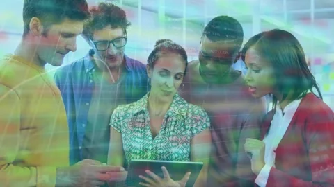 Presenting tablet central woman in patterned top scrolling in office, team Stock Footage 330330736