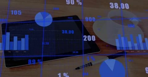 Presenting tablet computer showing analytics overlay on office desk, with coffee Fotos de archivo