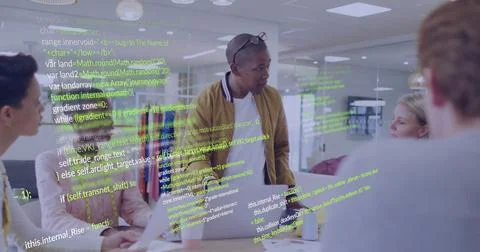 Presenting team lead explaining code in conference room, with floating overlay Foto stock