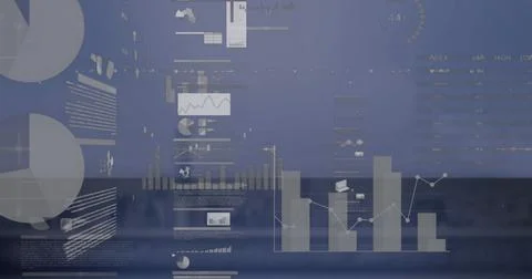Presenting three translucent bar charts with overlaid line graph on analytics Stock Photos