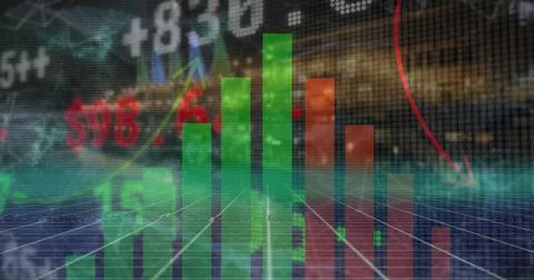 Presenting translucent 3D bar chart in trading dashboard, with trend arrows and Foto stock