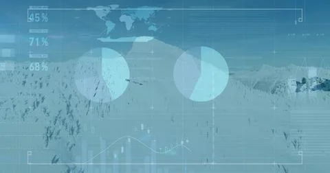 Presenting two translucent pie charts hovering over snowy mountain slope, with Stock Photos