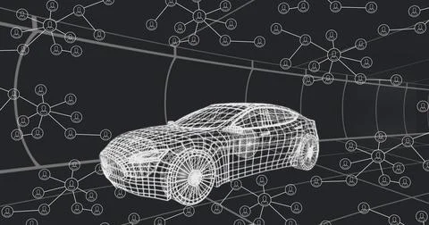 Presenting wireframe car model floating in digital tunnel environment, with Stockillustratie