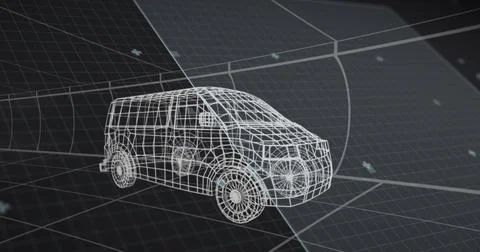 Presenting wireframe van model resting on perspective grid in 3D studio, showing 스톡 일러스트