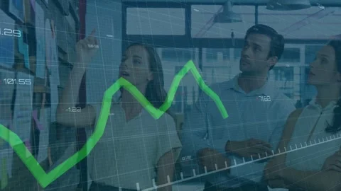 Presenting woman moving notes during business plan, driving green chart aligning Stock Footage 332981711