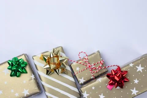 Presents and gift boxes with copy space on white background top view, craft Stock Photos