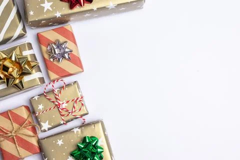 Presents and gift boxes with copy space on white background top view, craft Stock Photos