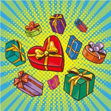 Presents and gifts boxes vector illustration in comic retro pop art style. Ca Illustrazione stock
