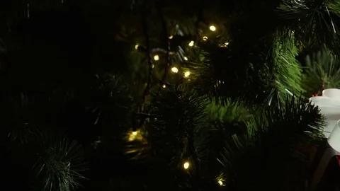 Presents are placed around the bottom of the Christmas tree. Slow motion. HD Vidéo 83531650