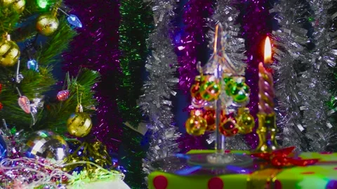 Presents. Christmas tree with big balls and lights. Glass figure Stock-Footage 144479595