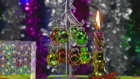 Presents. Christmas tree with big balls and lights. Glass figure Stock-Footage 144479646