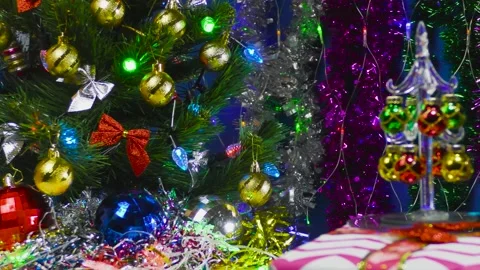Presents. Christmas tree with big balls and lights. Glass figure Stock-Footage 144479905