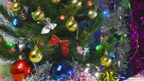 Presents. Christmas tree with big balls and lights. Glass figure Stock-Footage 144479916
