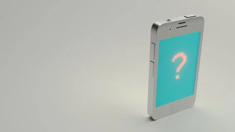 Presents a clean 3D mobile device with a question mark, symbolizing search,.. Foto stock