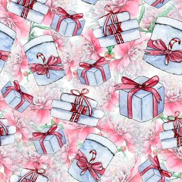 Presents on peony background pattern Stock Illustration