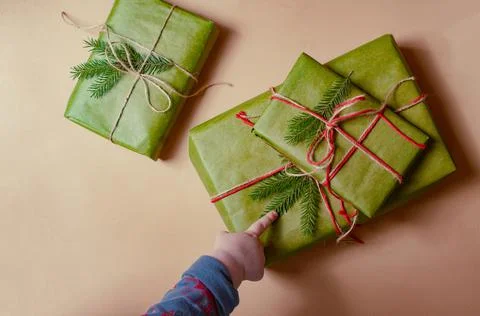 Presents scissors and thread for pacing top view christmas concept sale beige Stock Photos